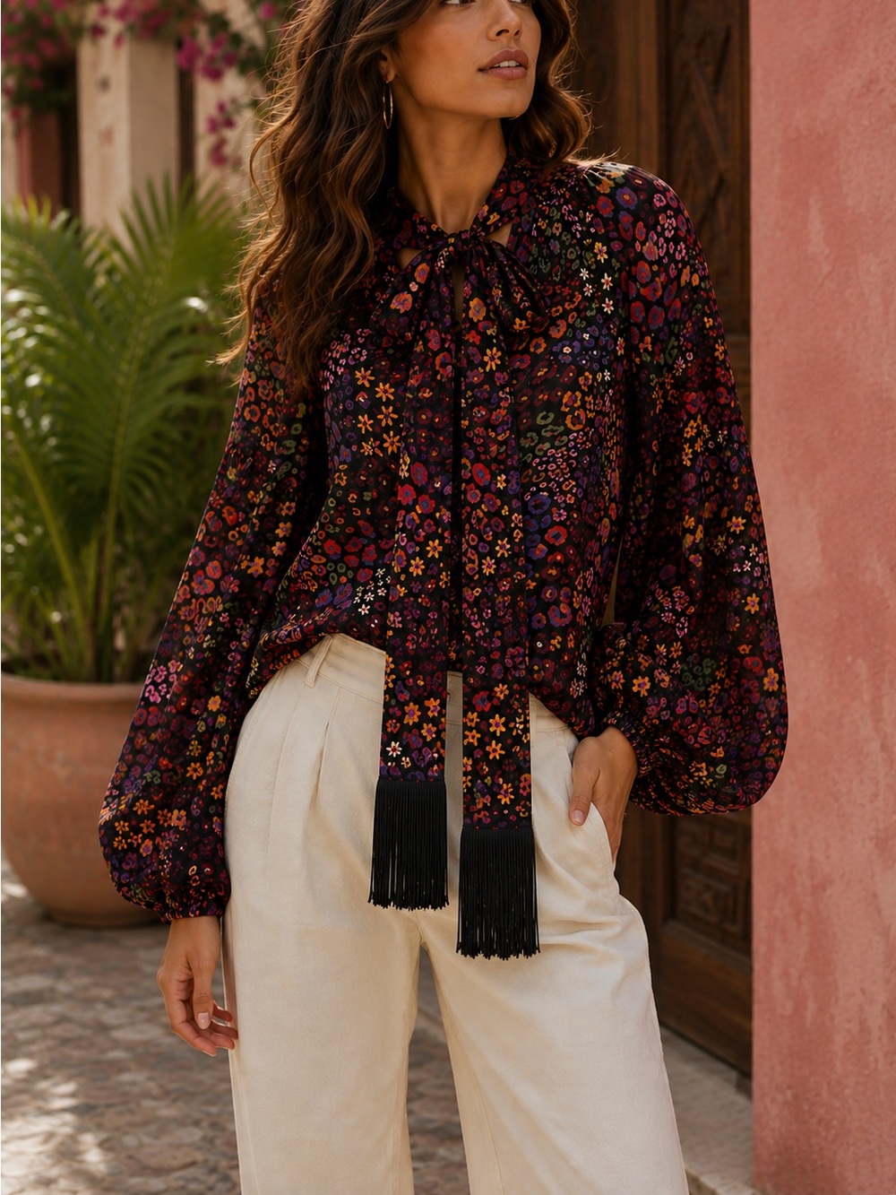 Farm Rio Floral Animal Print Blouse Balloon Sleeve $198.  Fringe Tie Neck M - Picture 8 of 8